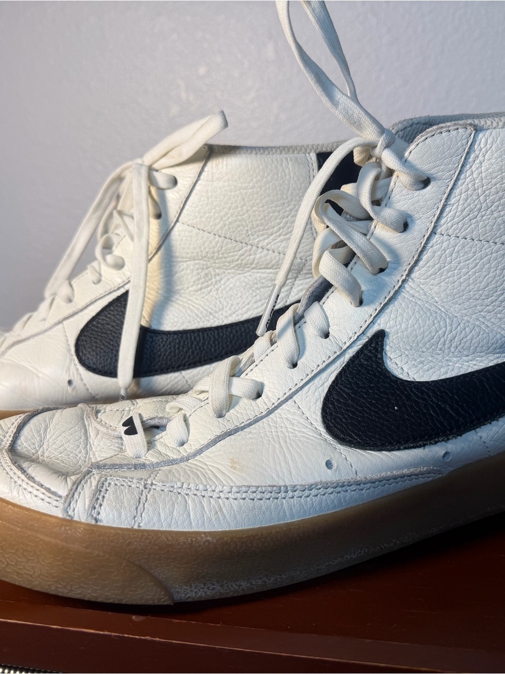 Custom Nike White High-Top Sneakers with Black Swoosh and Gum Sole